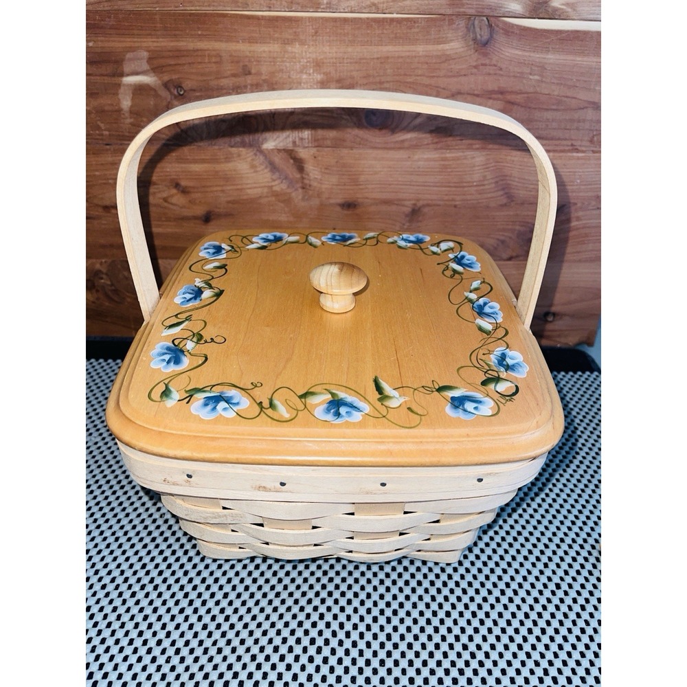 1999‎ Longaberger Hand Painted Blue Trellis Wooden Lid Basket Woven Wish's Tour
